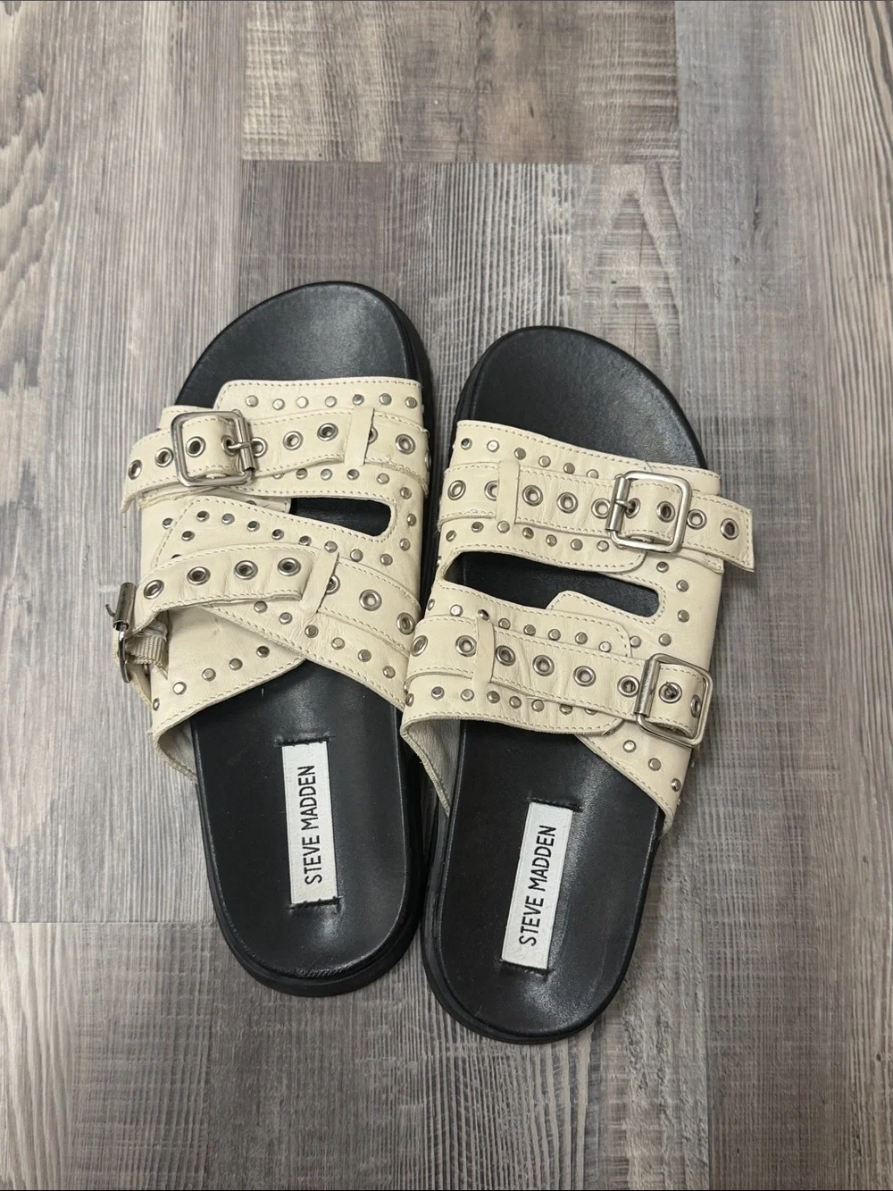 Steve Madden Cream Double-Buckle Studded Slide Sandals